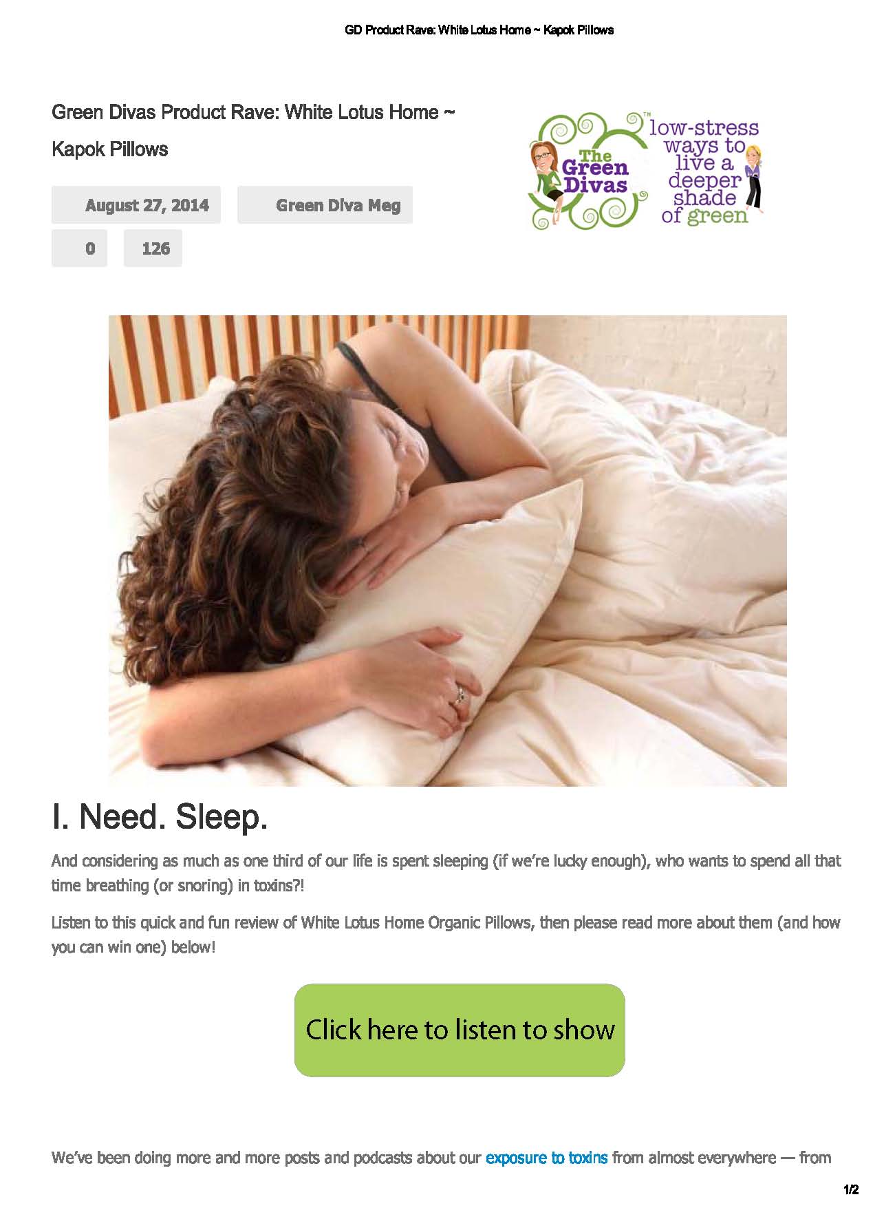 Green Divas Product Review Kapok Pillows August 27, 2014